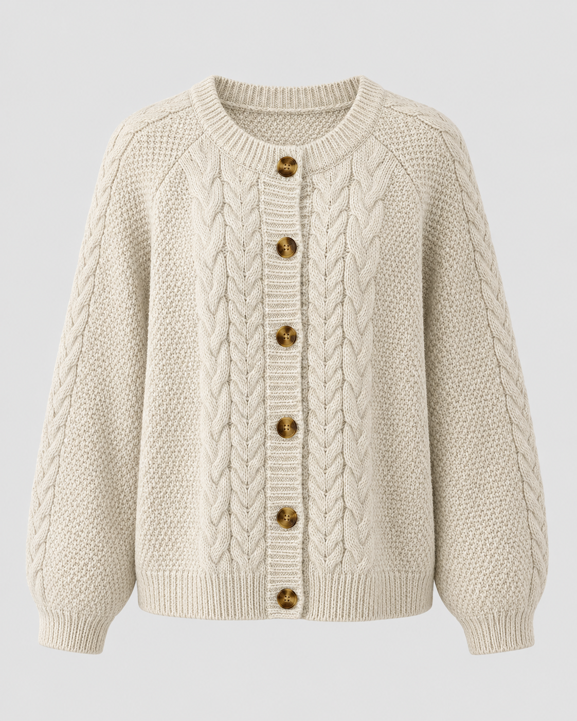 Cable Knit Crew Neck Button Front Cardigan