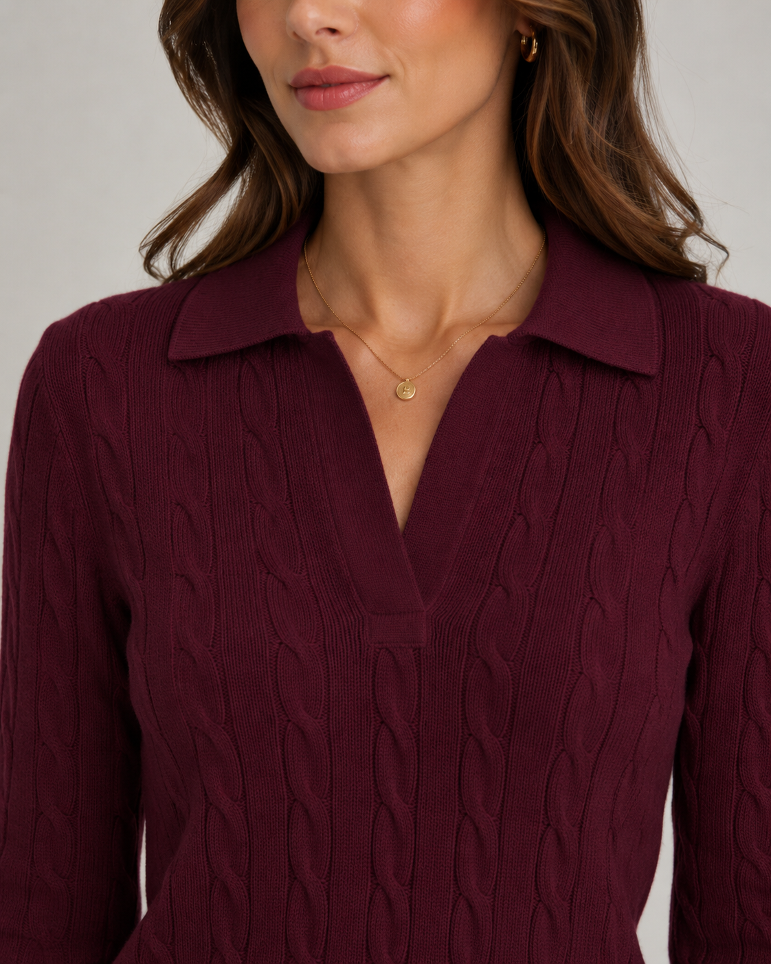 Women’s Cable Knit Polo Sweater with Polo Collar