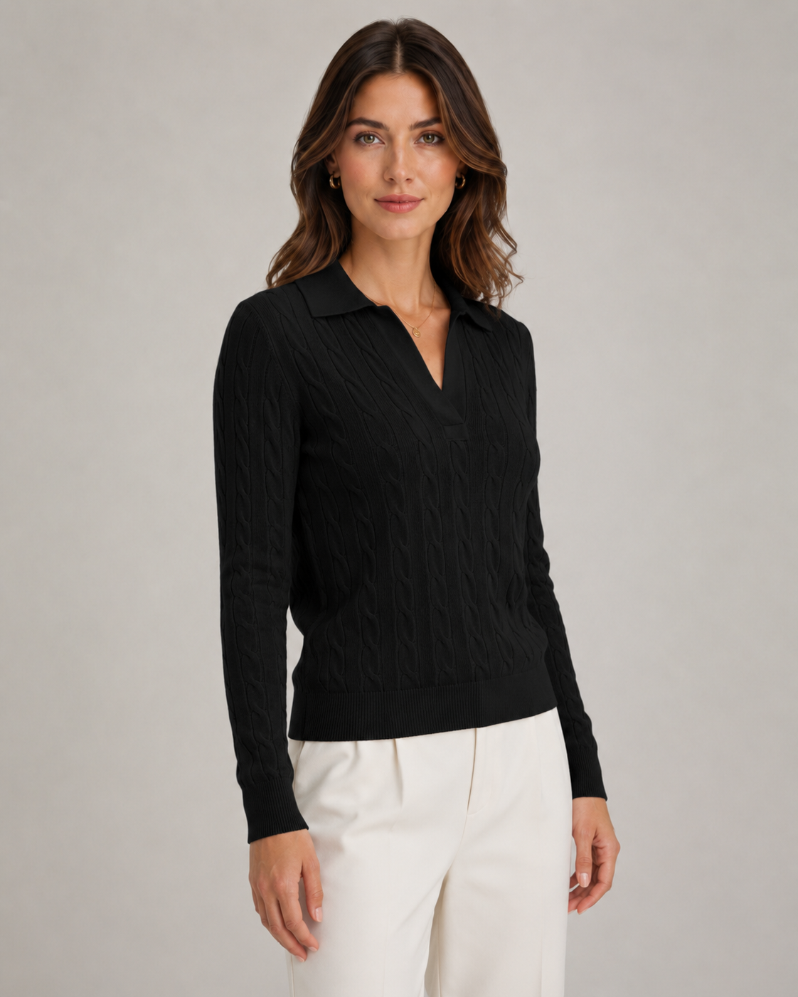 Women’s Cable Knit Polo Sweater with Polo Collar
