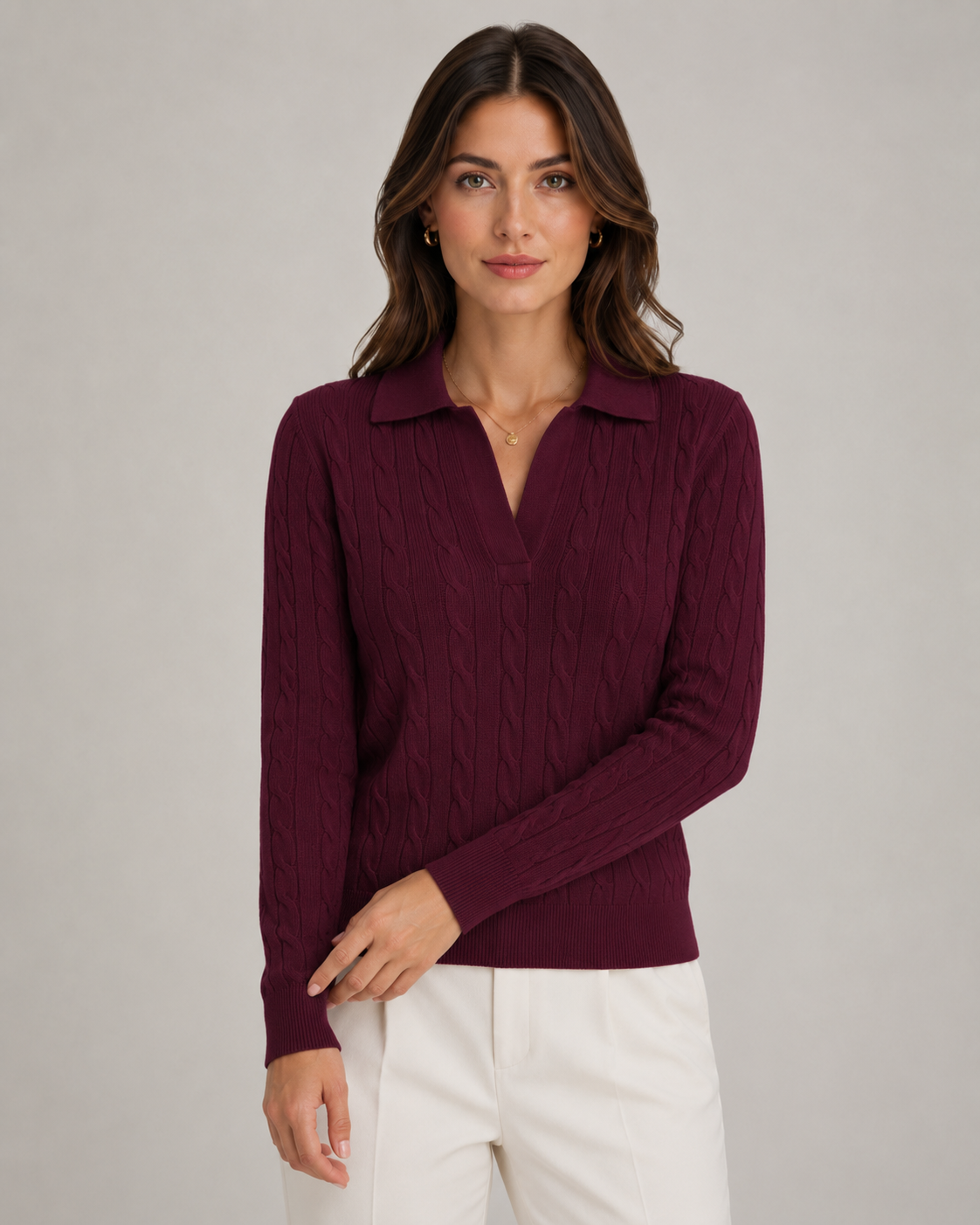 Women’s Cable Knit Polo Sweater with Polo Collar