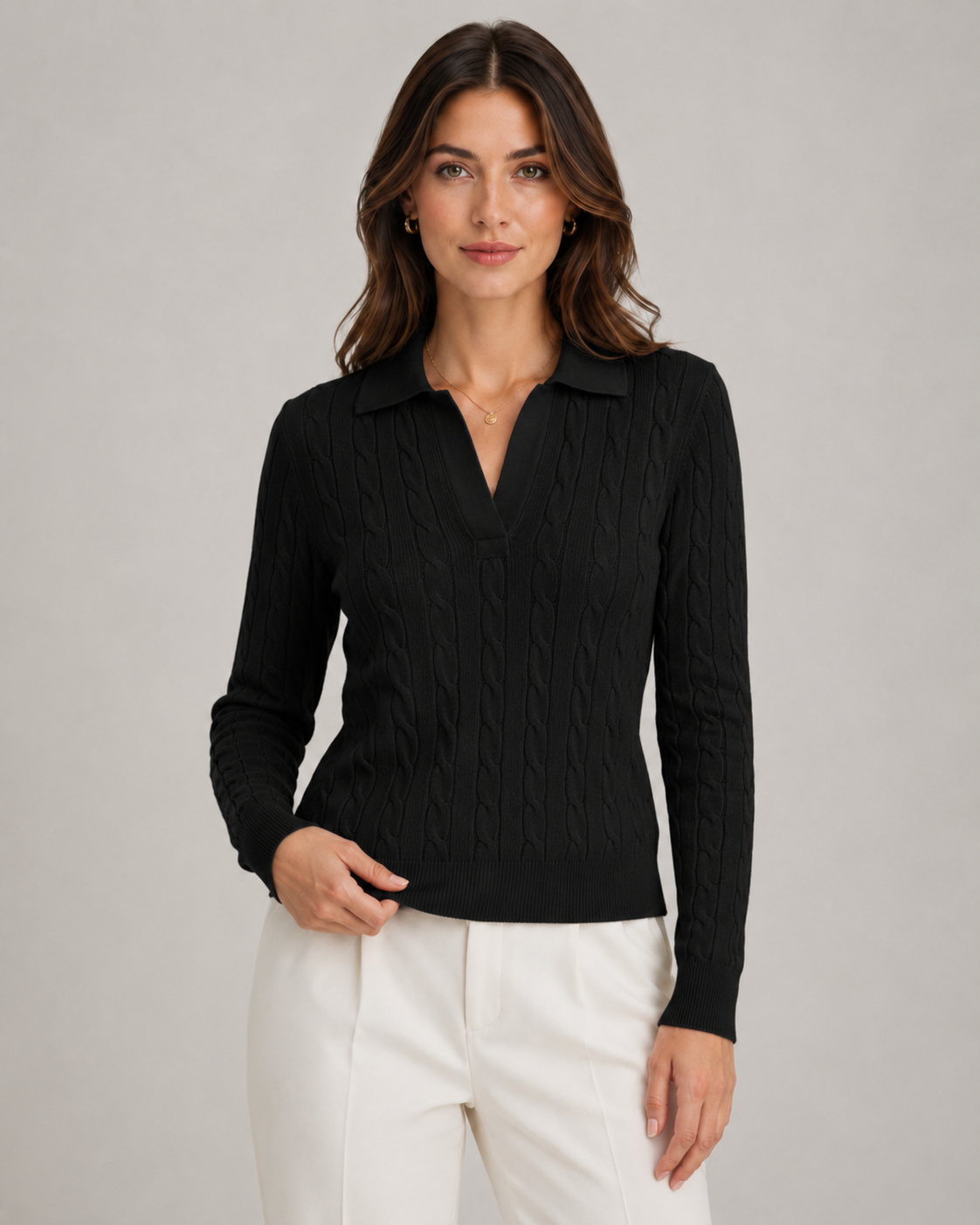 Women’s Cable Knit Polo Sweater with Polo Collar
