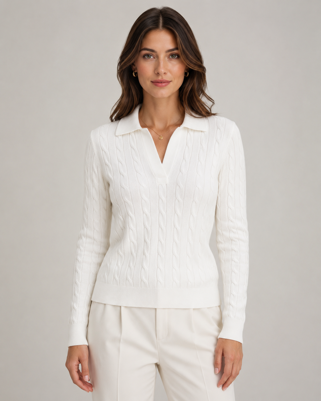 Women’s Cable Knit Polo Sweater with Polo Collar