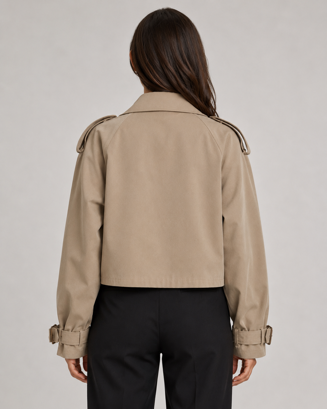 Women’s Cropped Trench Coat – Double Breasted Buckle Cuffs