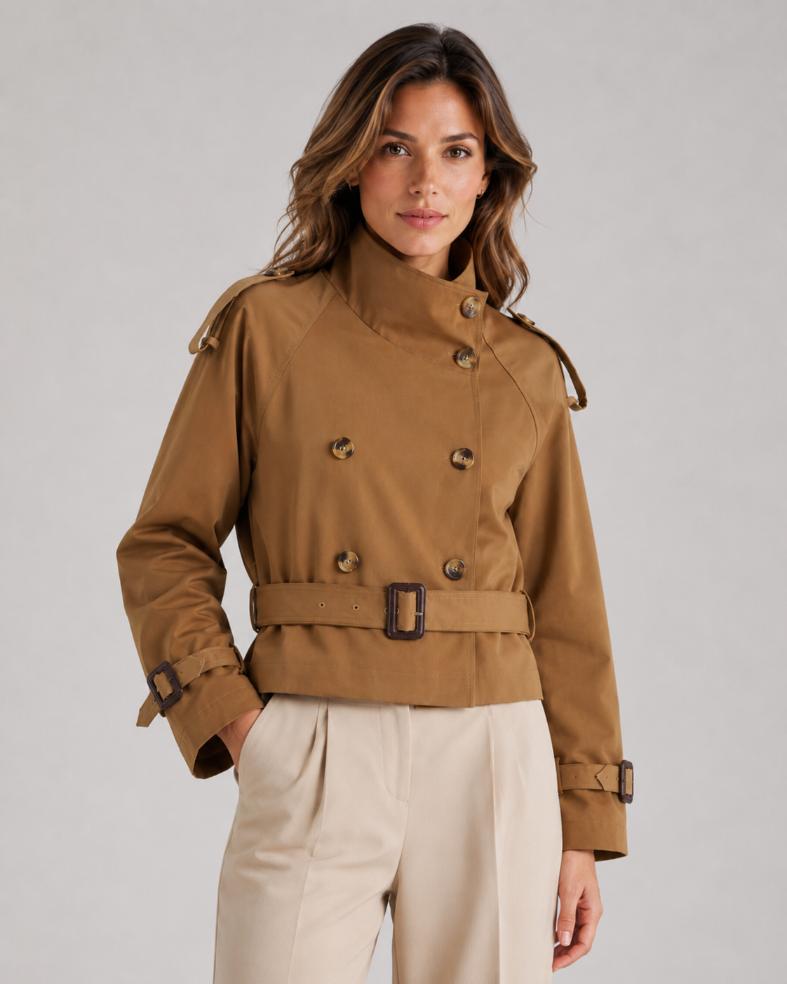 Women's Cropped Double-Breasted Trench Jacket with Funnel Neck