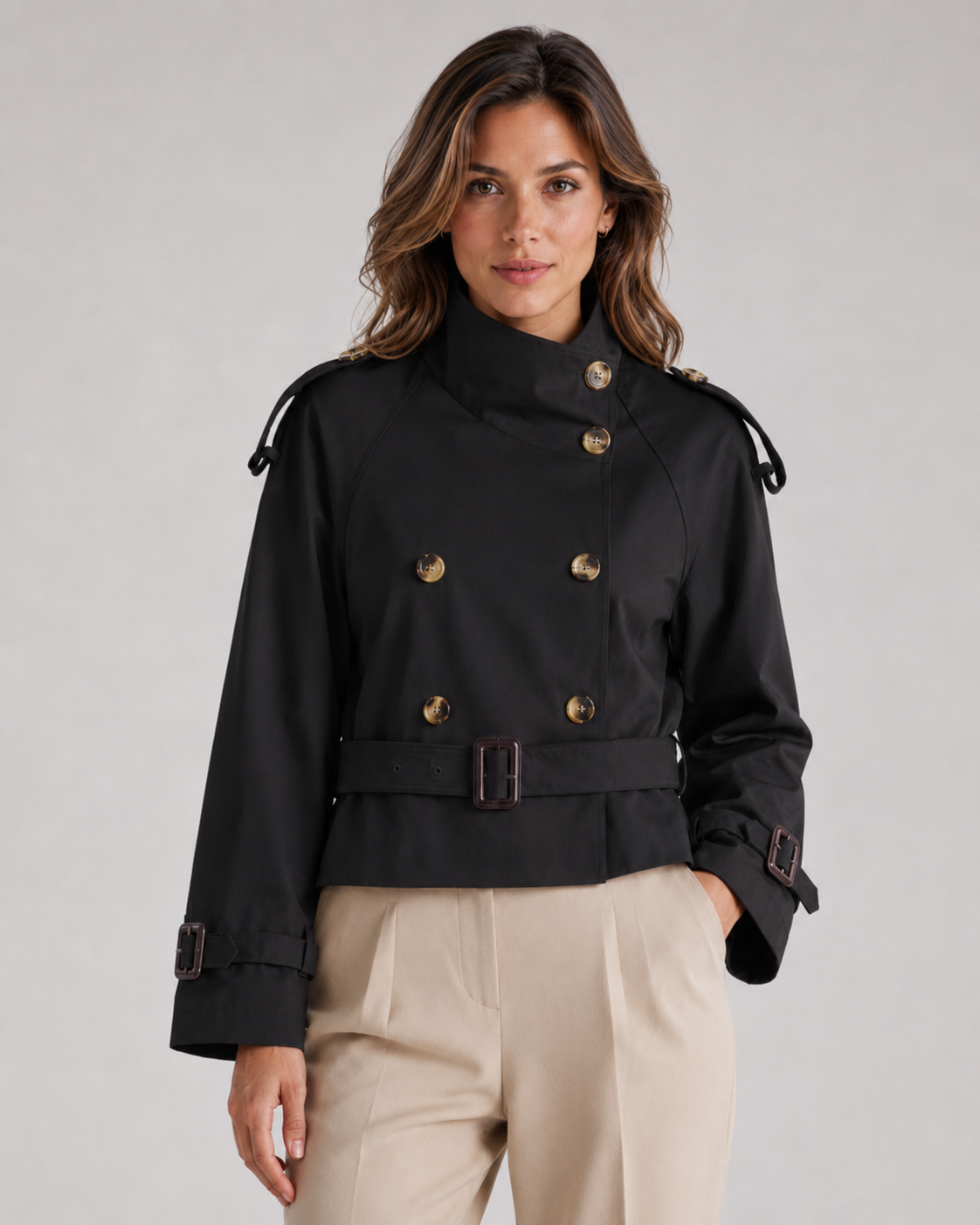 Women's Cropped Double-Breasted Trench Jacket with Funnel Neck