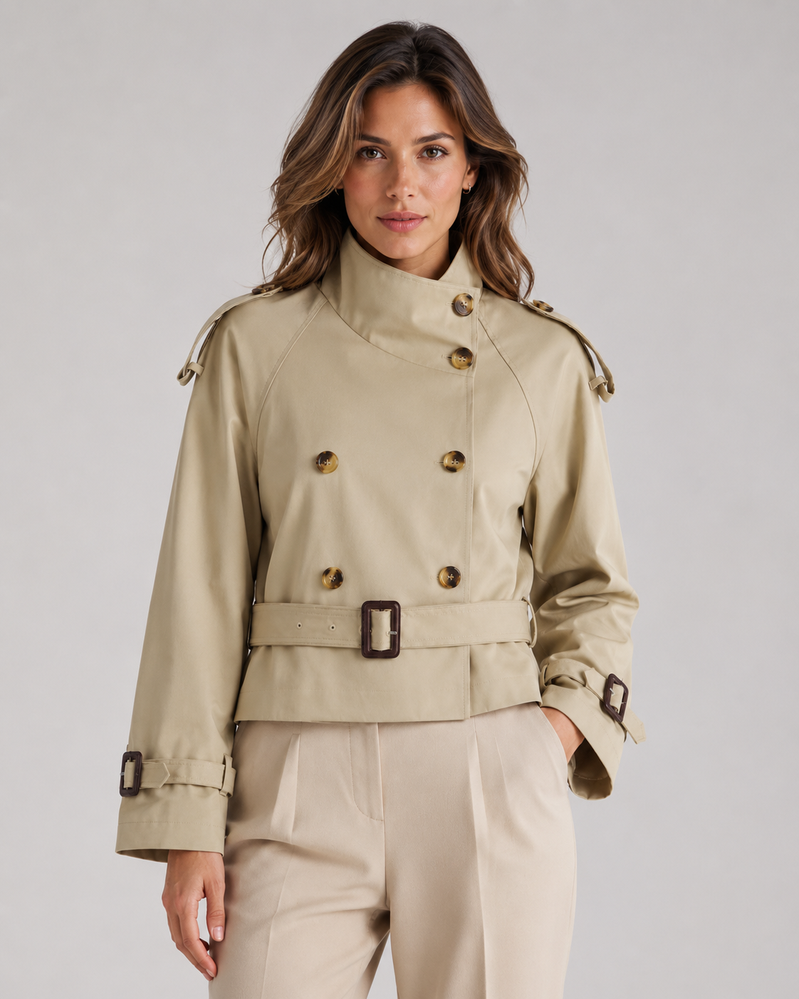 Women's Cropped Double-Breasted Trench Jacket with Funnel Neck