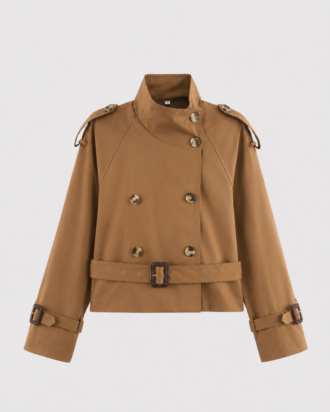 Women's Cropped Double-Breasted Trench Jacket with Funnel Neck