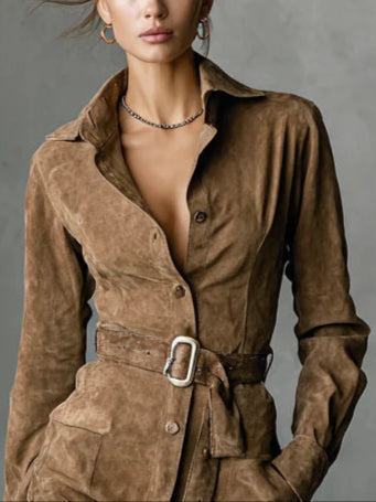 Collared Button Front Belted Suede Look Shirt Dress