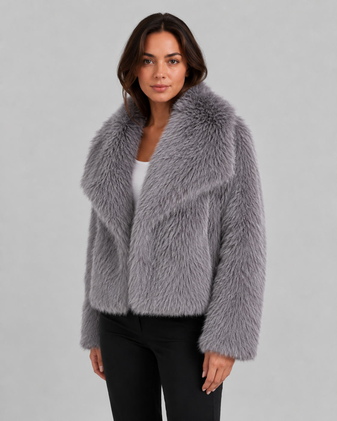 Wide Collar Cropped Faux Fur Jacket