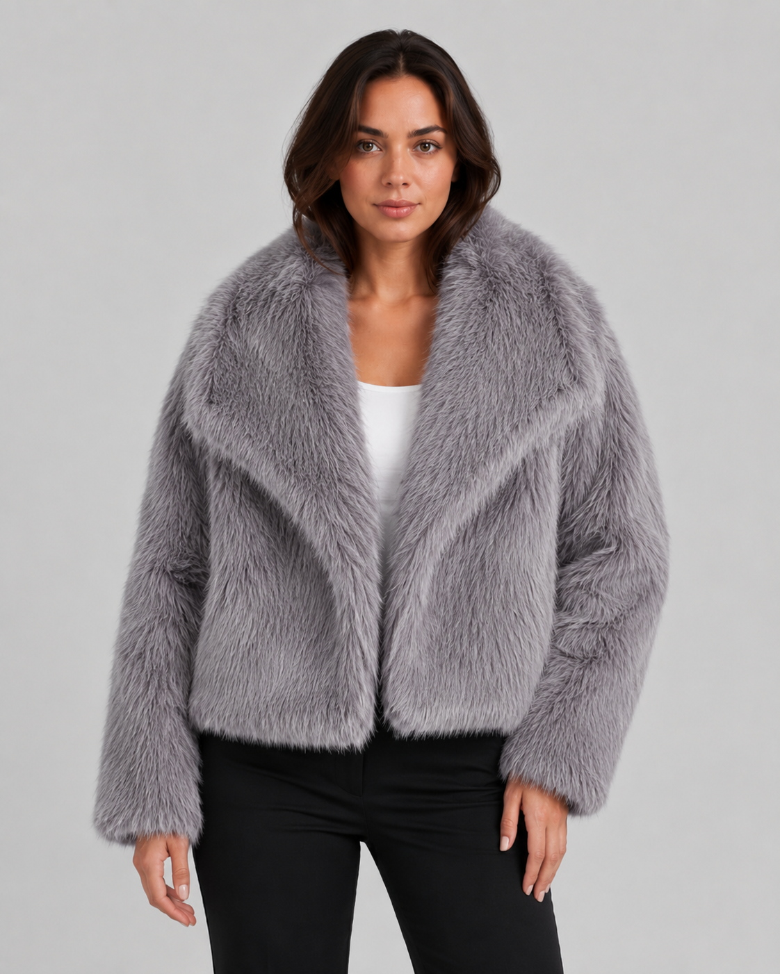 Wide Collar Cropped Faux Fur Jacket