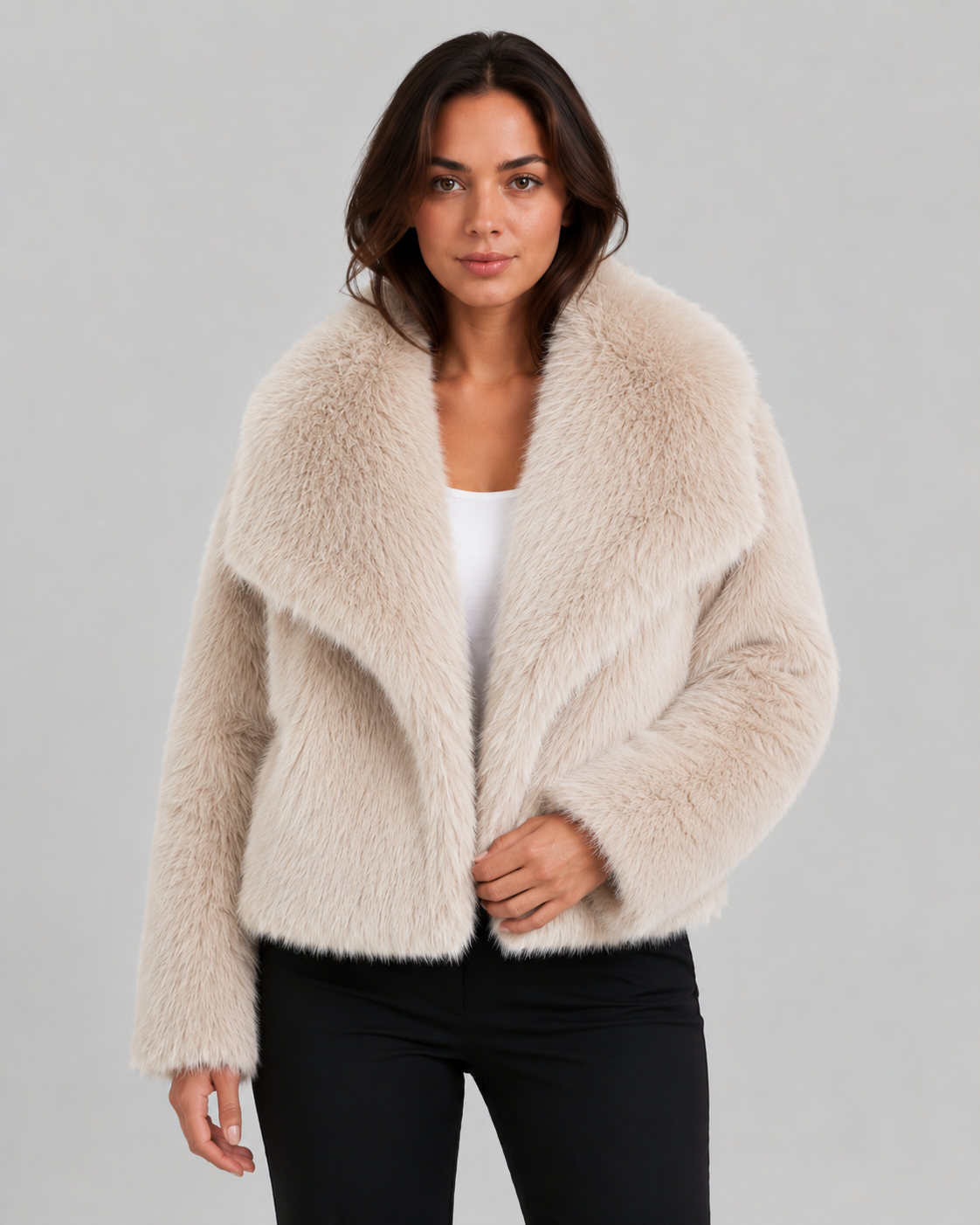 Wide Collar Cropped Faux Fur Jacket