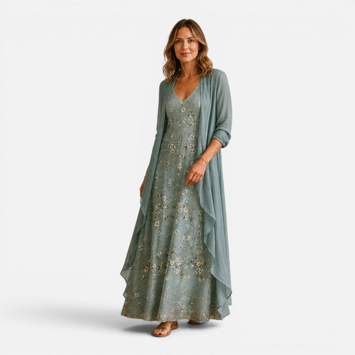 Floral Embroidered Lace Maxi Dress and Sheer Chiffon Duster Two Piece Set