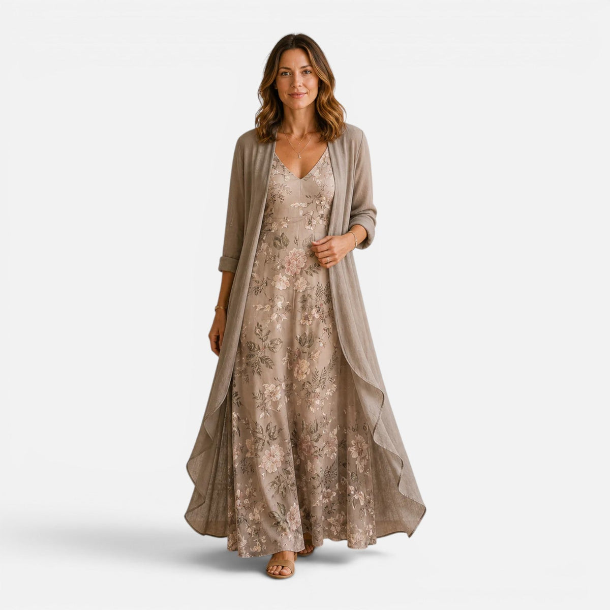Floral Embroidered Lace Maxi Dress and Sheer Chiffon Duster Two Piece Set