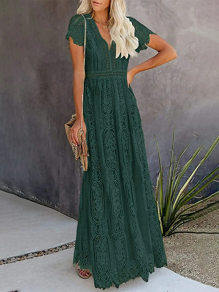 Lace V-Neck Flutter Sleeve Boho A-Line Maxi Dress