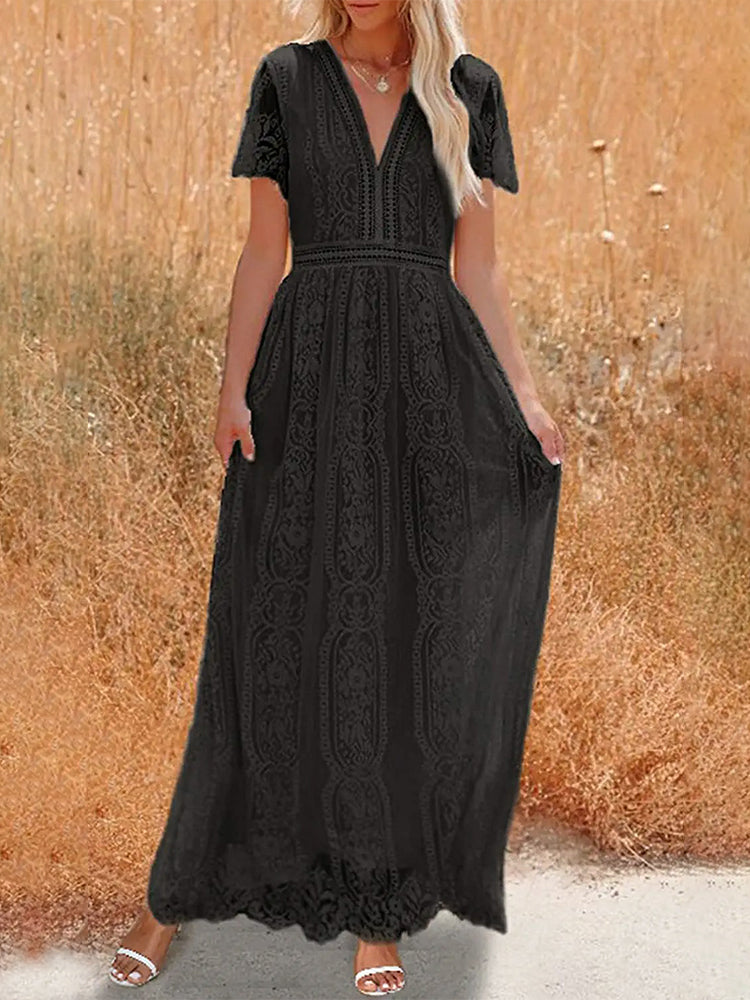 Lace V-Neck Flutter Sleeve Boho A-Line Maxi Dress