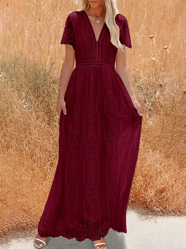 Lace V-Neck Flutter Sleeve Boho A-Line Maxi Dress