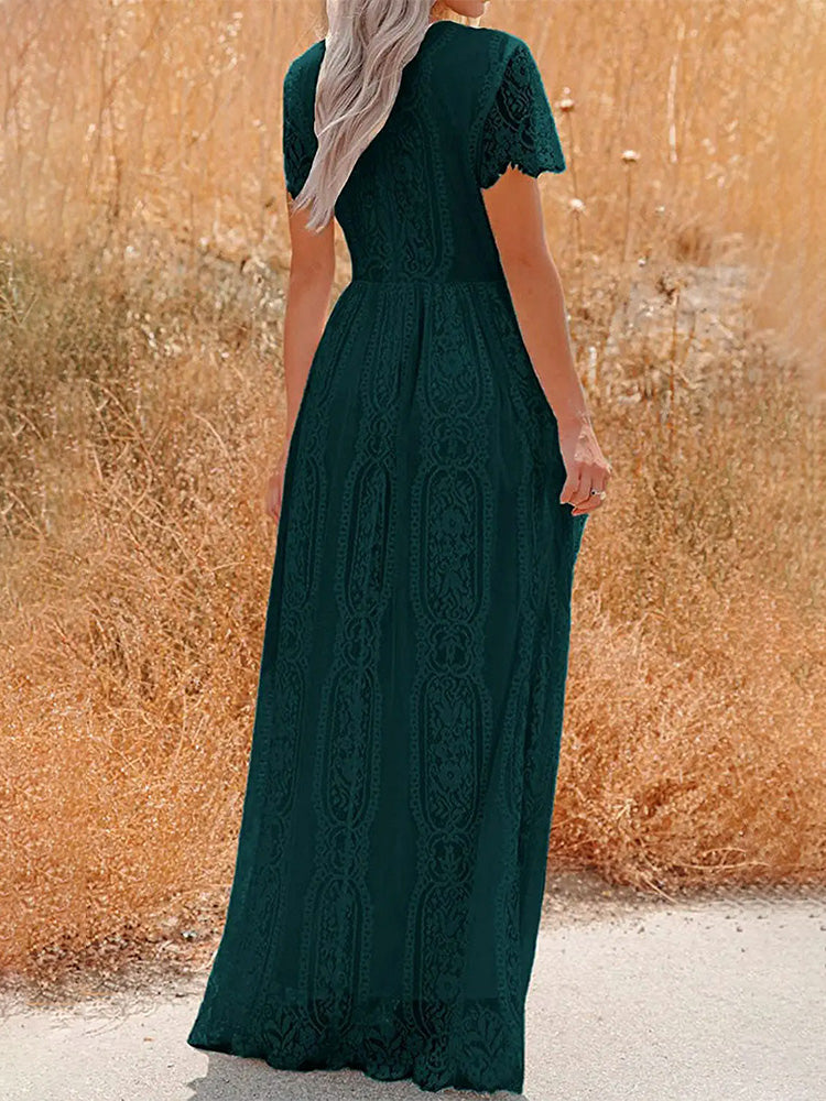 Lace V-Neck Flutter Sleeve Boho A-Line Maxi Dress