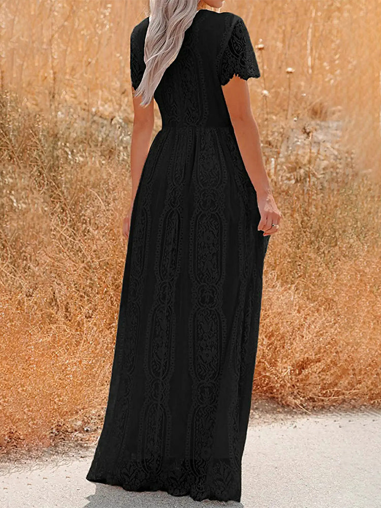 Lace V-Neck Flutter Sleeve Boho A-Line Maxi Dress