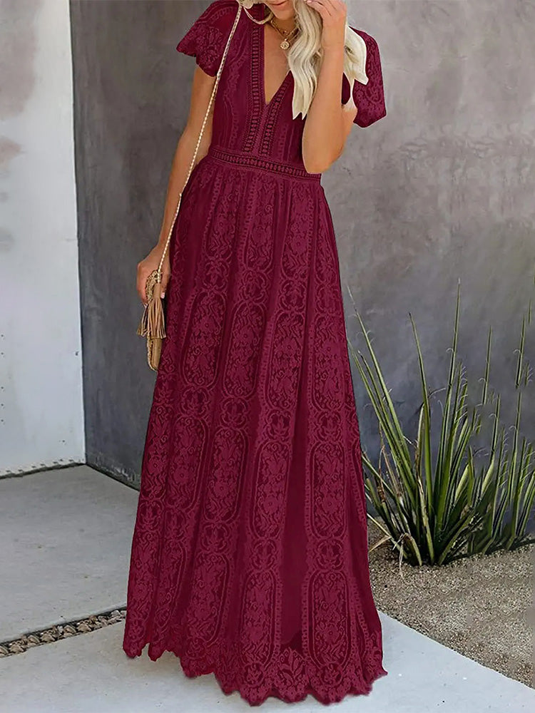 Lace V-Neck Flutter Sleeve Boho A-Line Maxi Dress