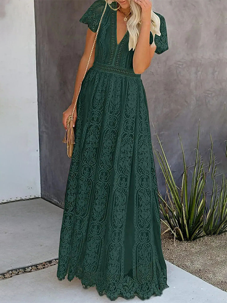 Lace V-Neck Flutter Sleeve Boho A-Line Maxi Dress