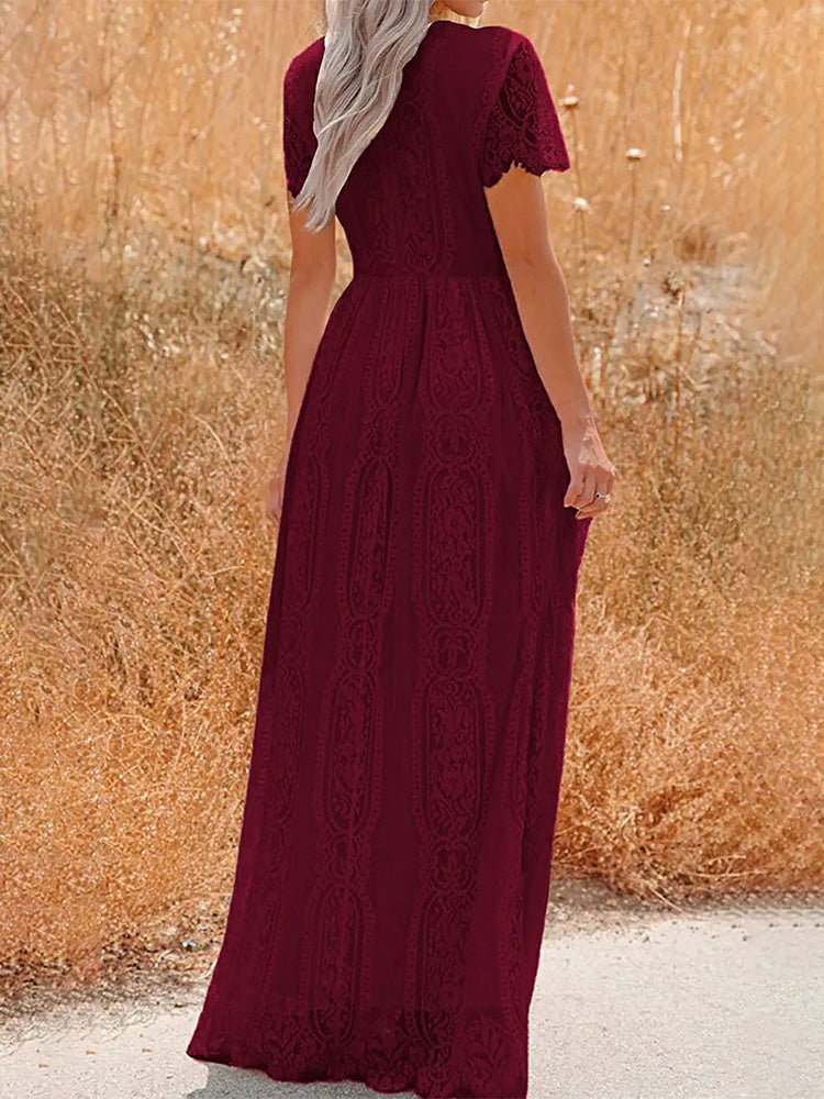 Lace V-Neck Flutter Sleeve Boho A-Line Maxi Dress