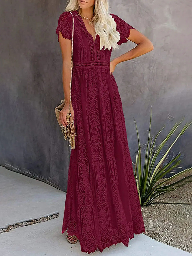 Lace V-Neck Flutter Sleeve Boho A-Line Maxi Dress