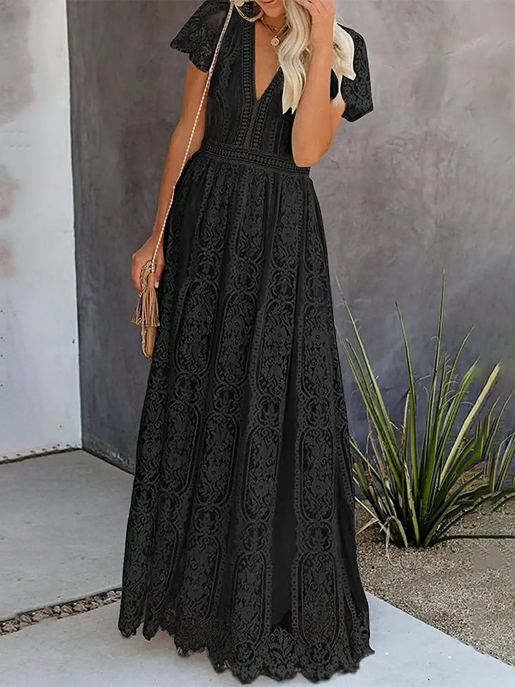 Lace V-Neck Flutter Sleeve Boho A-Line Maxi Dress