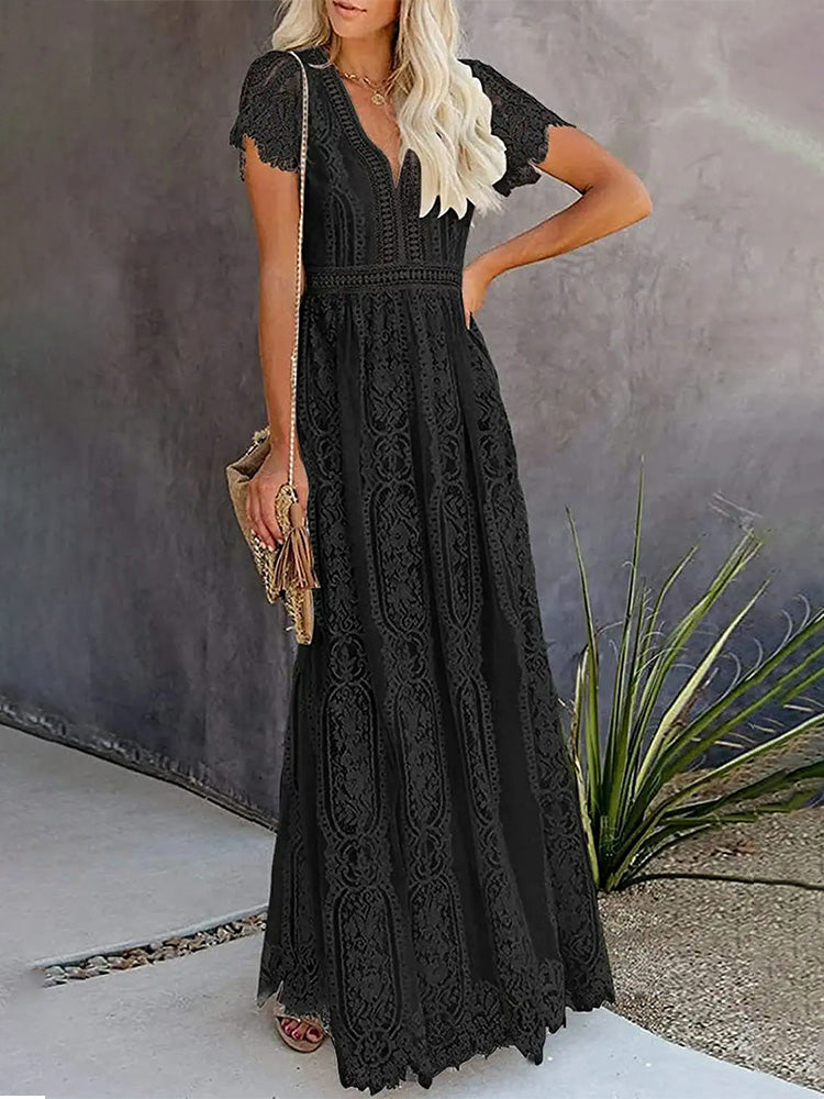 Lace V-Neck Flutter Sleeve Boho A-Line Maxi Dress