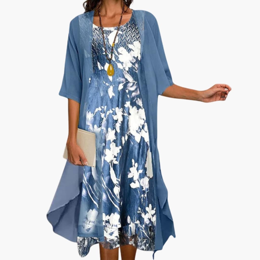 Floral Midi Dress and Chiffon Cardigan Two Piece Set