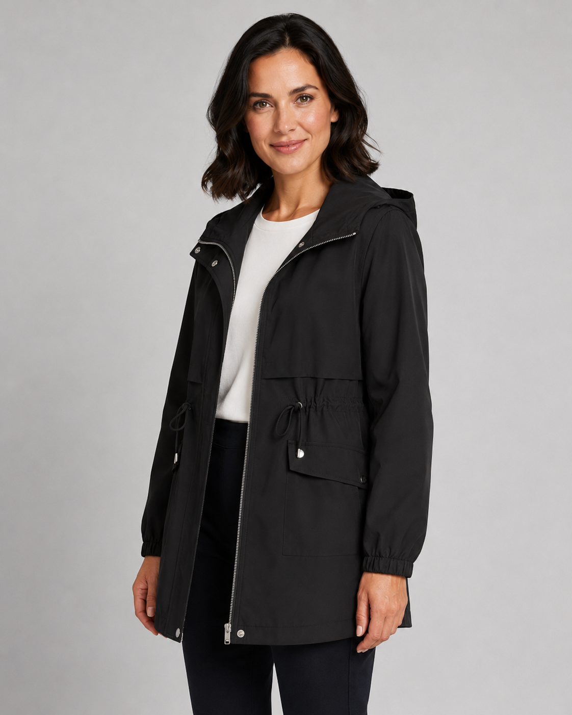 Women’s Hooded Trench Coat – Drawstring Waist Zip Jacket