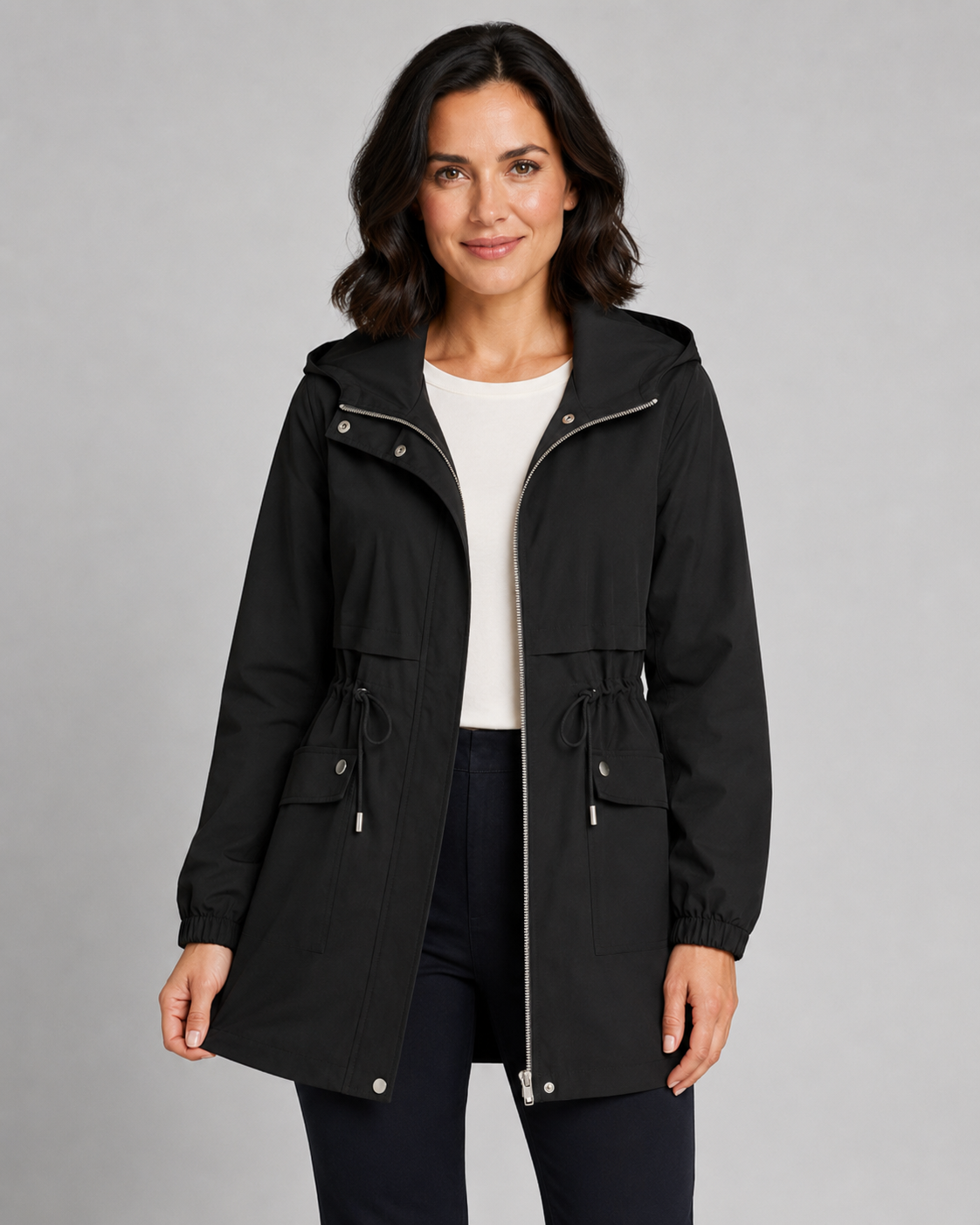 Women’s Hooded Trench Coat – Drawstring Waist Zip Jacket