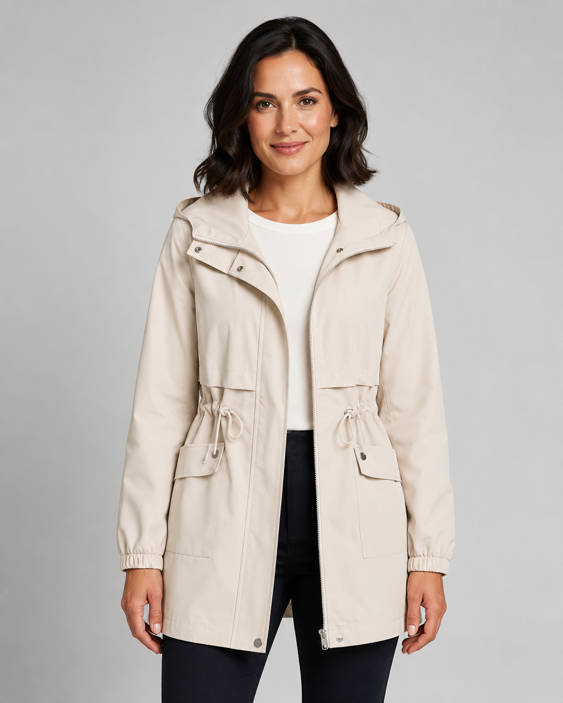 Women’s Hooded Trench Coat – Drawstring Waist Zip Jacket