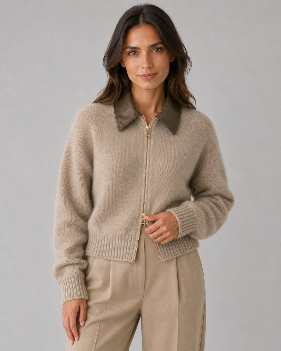 Women’s Knit Zip Cardigan with Leather Collar