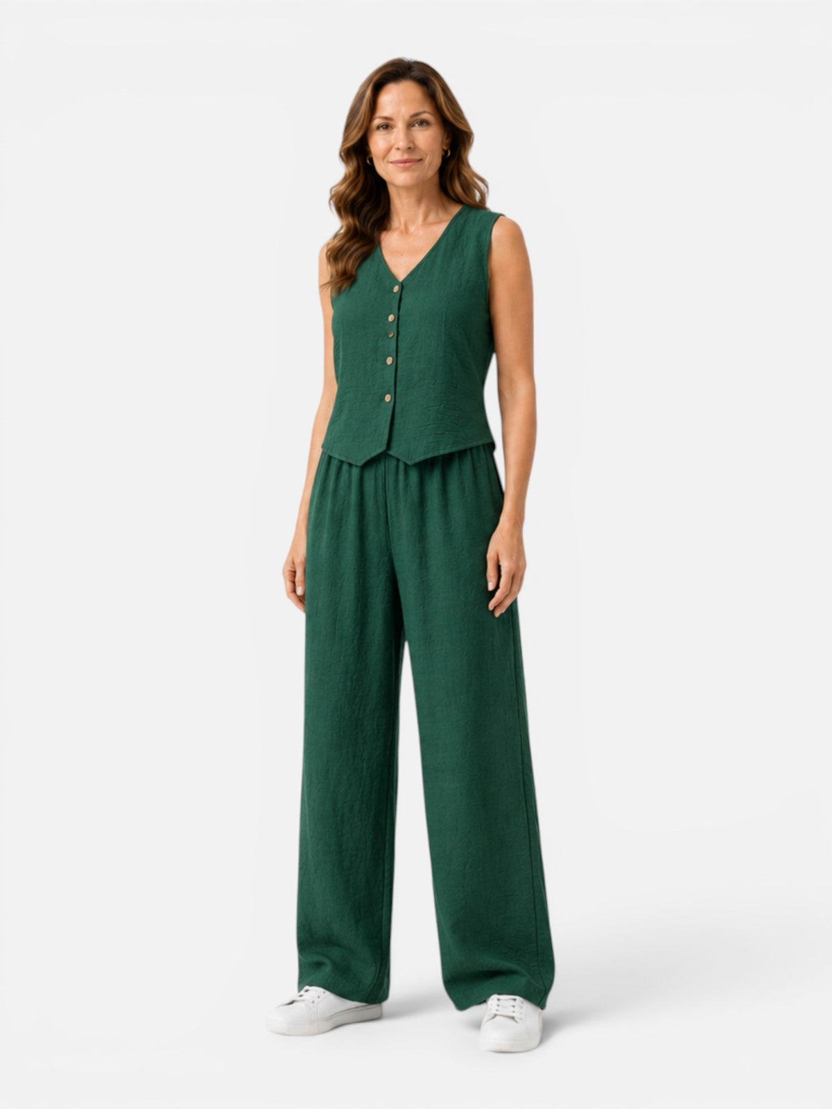 Button Front Vest and Wide Leg Pants Linen Look Two Piece Set