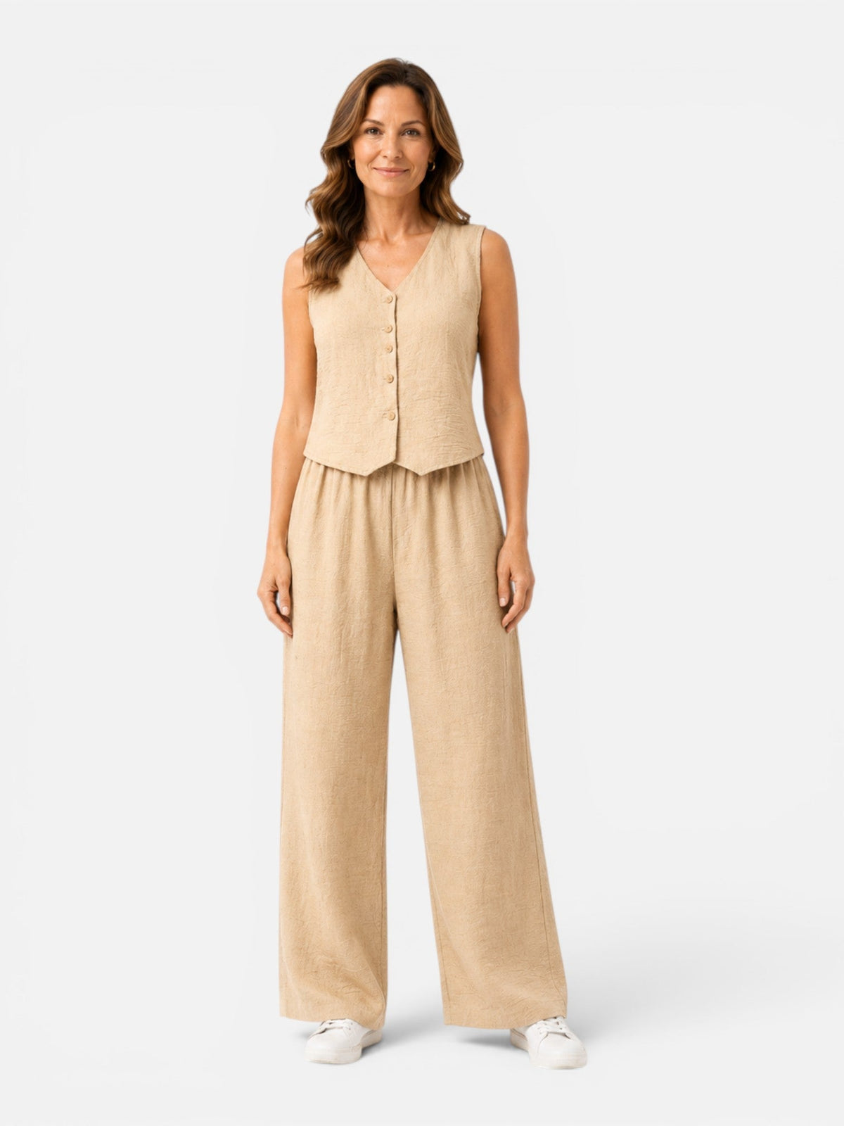 Button Front Vest and Wide Leg Pants Linen Look Two Piece Set