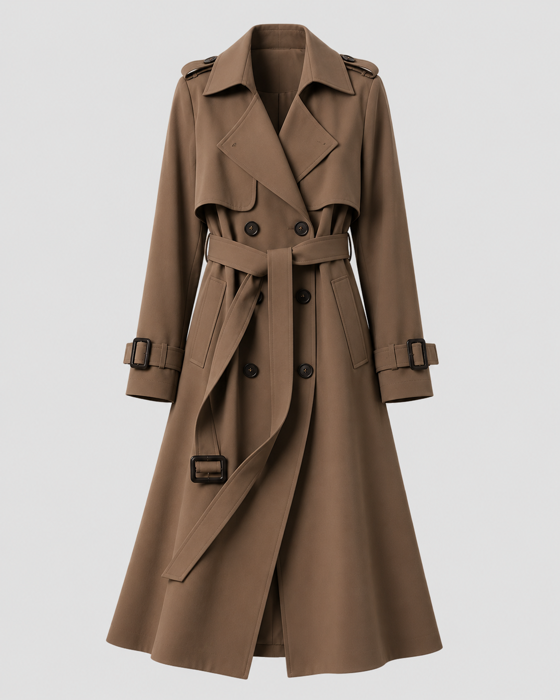 Women’s Long Belted Trench Coat – Double Breasted Style