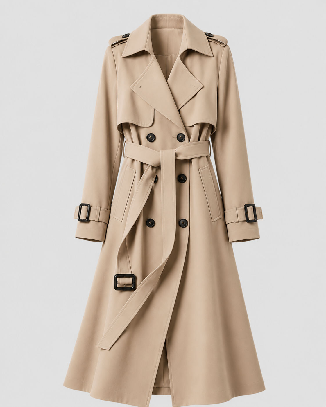 Women’s Long Belted Trench Coat – Double Breasted Style