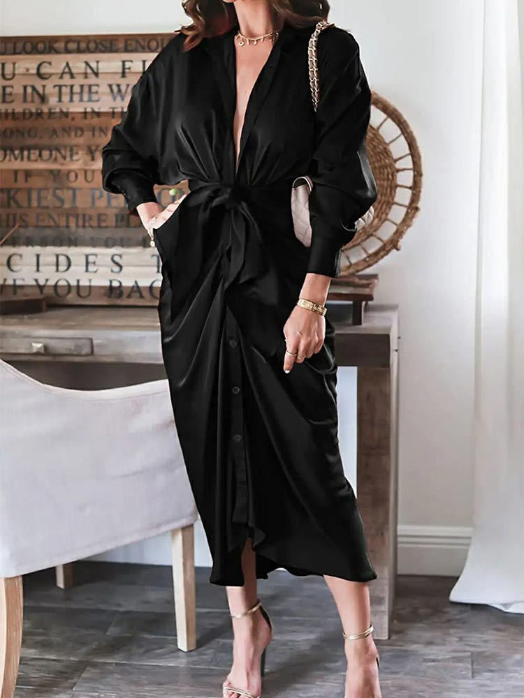 Long Sleeve Lapel V Neck Button Down Satin Dresses Maxi Dress - View 2