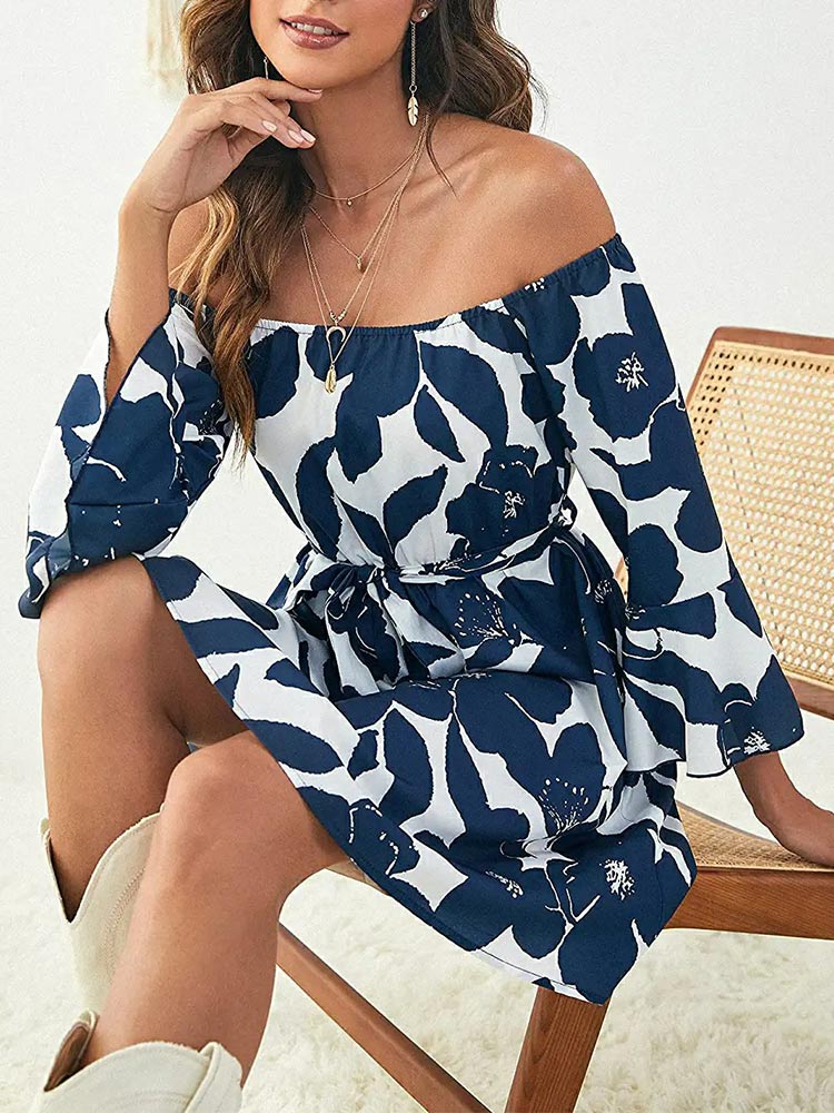 Floral Off Shoulder Bell Sleeve Tie Waist A-Line Mini Dress