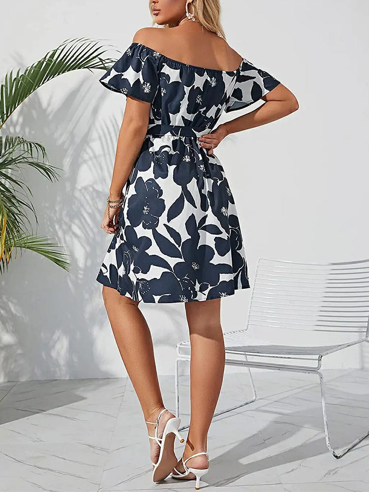 Floral Off Shoulder Bell Sleeve Tie Waist A-Line Mini Dress