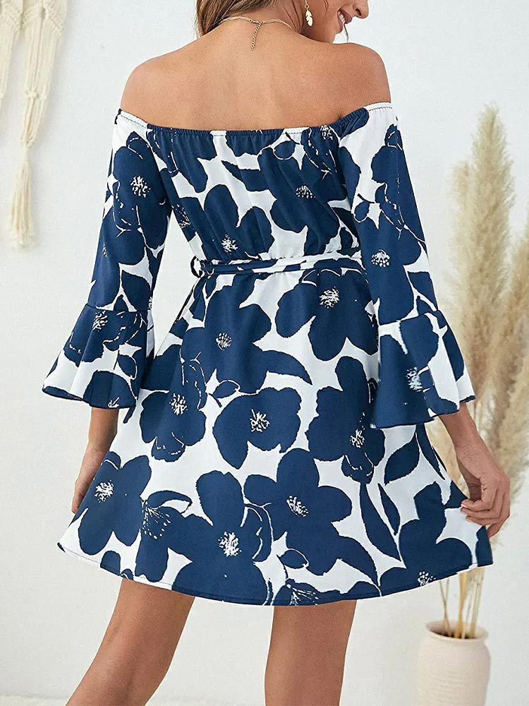 Floral Off Shoulder Bell Sleeve Tie Waist A-Line Mini Dress