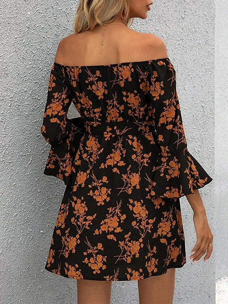 Floral Off Shoulder Bell Sleeve Tie Waist A-Line Mini Dress