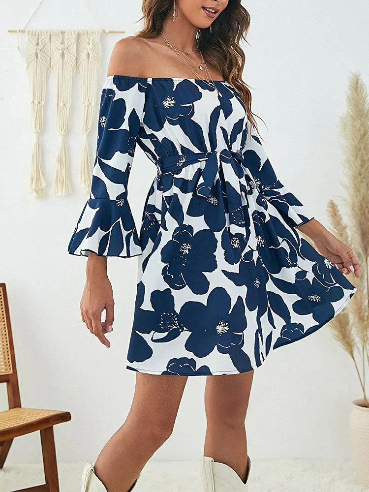 Floral Off Shoulder Bell Sleeve Tie Waist A-Line Mini Dress