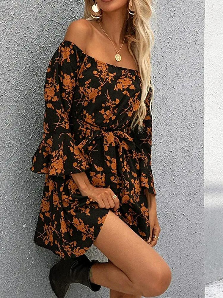 Floral Off Shoulder Bell Sleeve Tie Waist A-Line Mini Dress