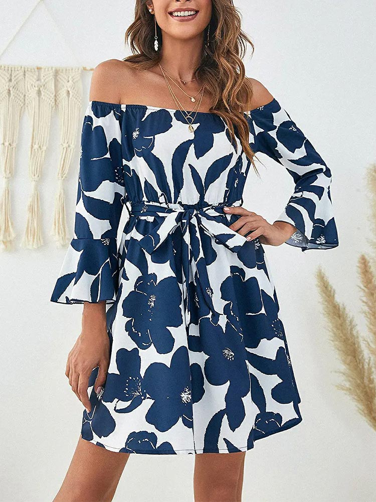 Floral Off Shoulder Bell Sleeve Tie Waist A-Line Mini Dress