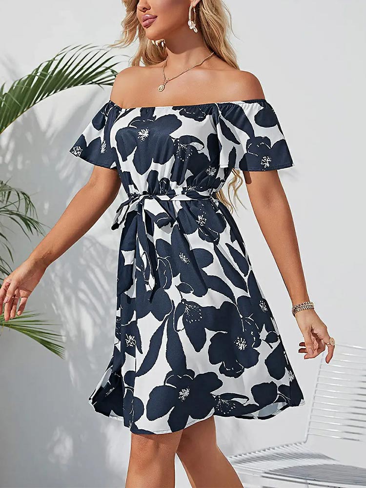 Floral Off Shoulder Bell Sleeve Tie Waist A-Line Mini Dress