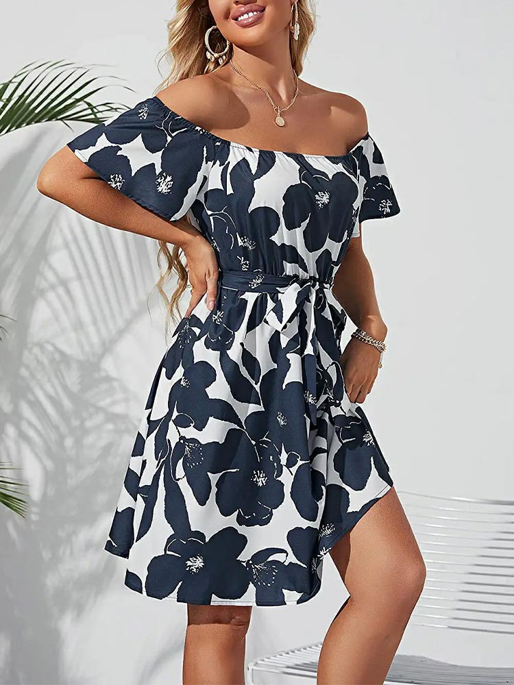Floral Off Shoulder Bell Sleeve Tie Waist A-Line Mini Dress