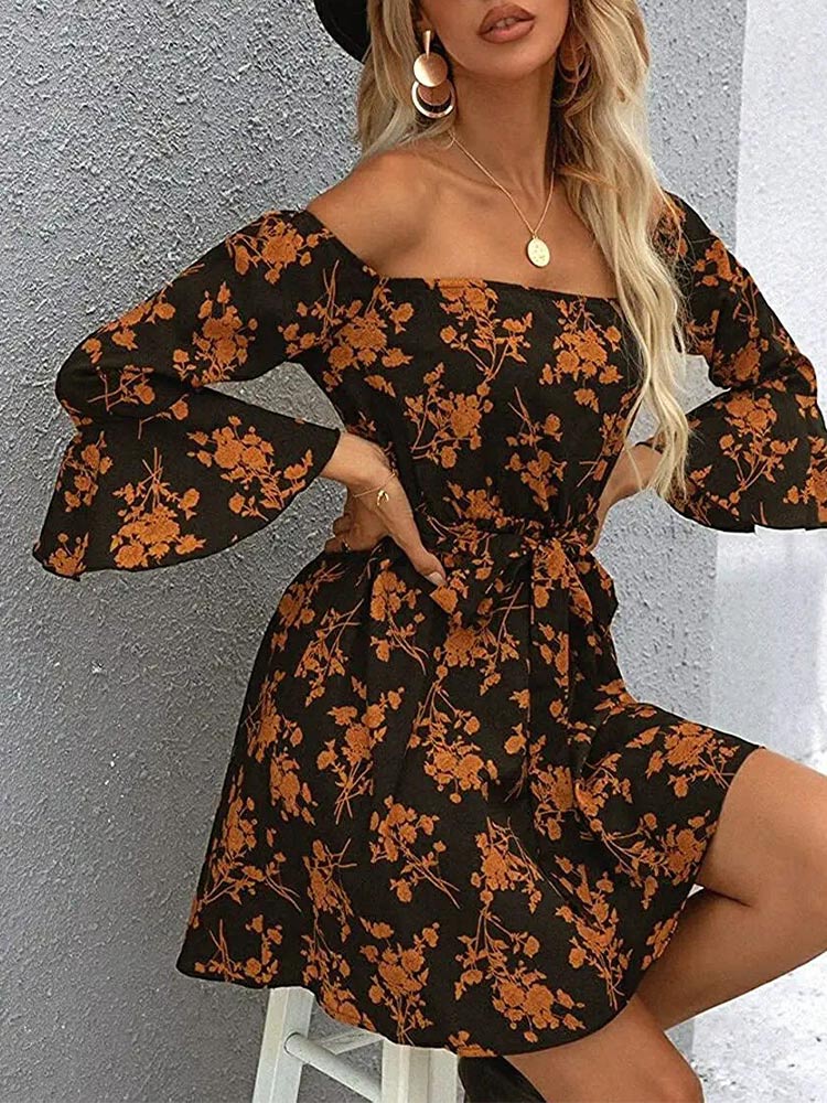 Floral Off Shoulder Bell Sleeve Tie Waist A-Line Mini Dress