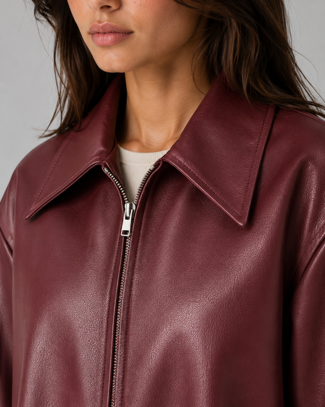 Faux Leather Zip Front Collared Cropped Jacket