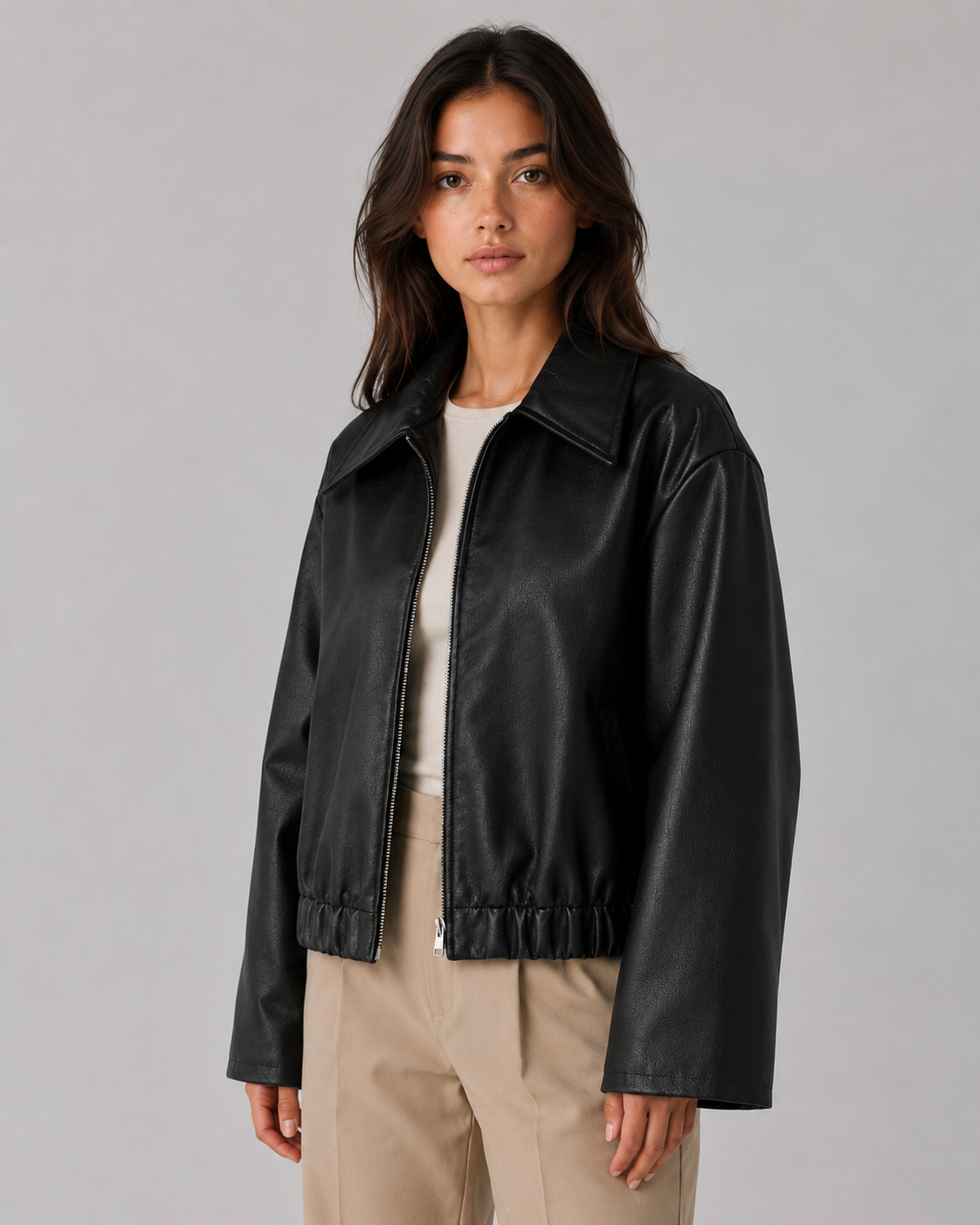 Faux Leather Zip Front Collared Cropped Jacket